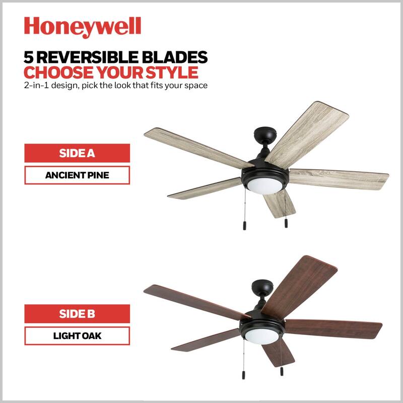 52" Honeywell Ventnor Bronze Modern Farmhouse Indoor LED Ceiling Fan with Light, Pull Chain