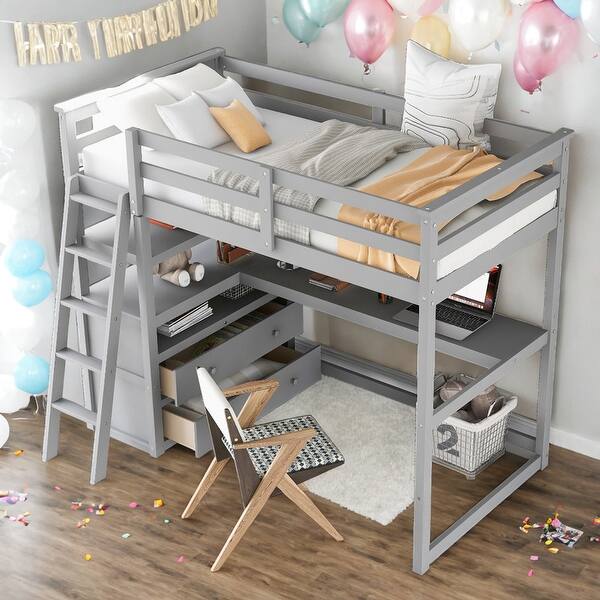slide 2 of 29, Twin Size Loft Bed With Desk,Shelves,2 Drawers for Home Grey