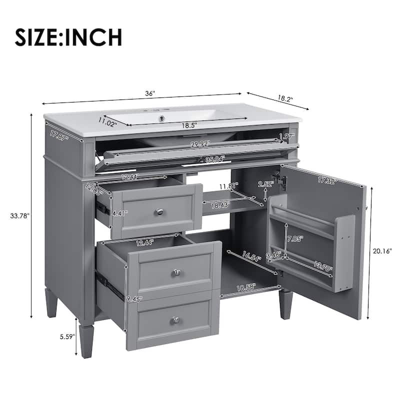 36 Inch Bathroom Vanity with Sink Top, Freestanding Storage Cabinet with 3 Drawers and Single Door, Modern Style