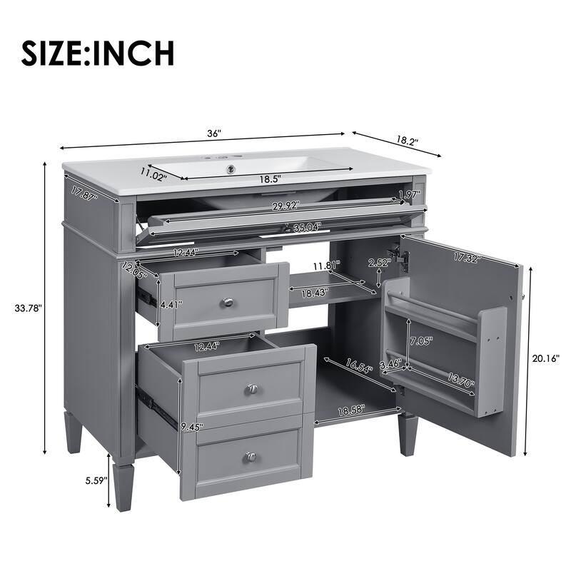 Modern Single Sink Bathroom Vanity Cabinet with Door Rack, Tip-out Drawer, 2 Pull-out Drawers, Metal Knobs and Adjustable Shelf