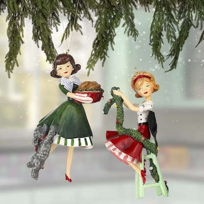 6" Resin Retro Housewife Xmas Ornament Set of 2