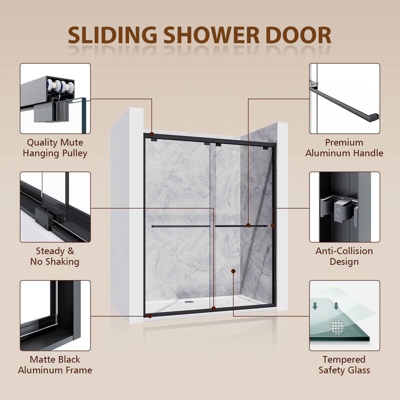 Elegant Double Sliding Shower Door with 1/4 inch Clear Tempered Glass in Matte Black Tub Door