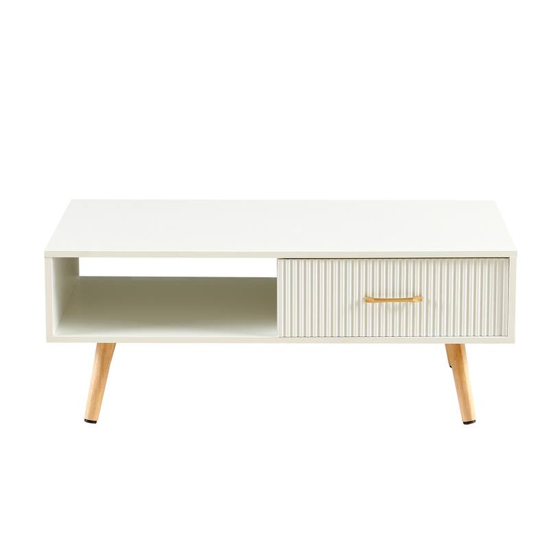 Rectangle Coffee Table with Solid Wood Legs, Sliding Drawer for Storage, Modern Table