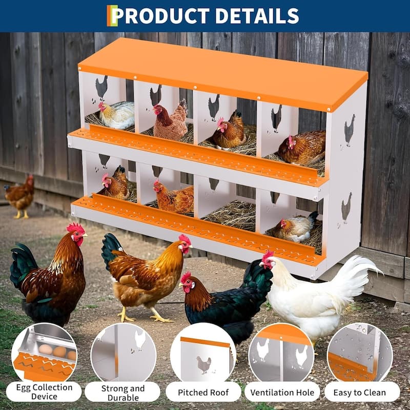 8 Compartment Metal Chicken Nesting Box, Laying Box for Hens Ducks Rabbits, Orange