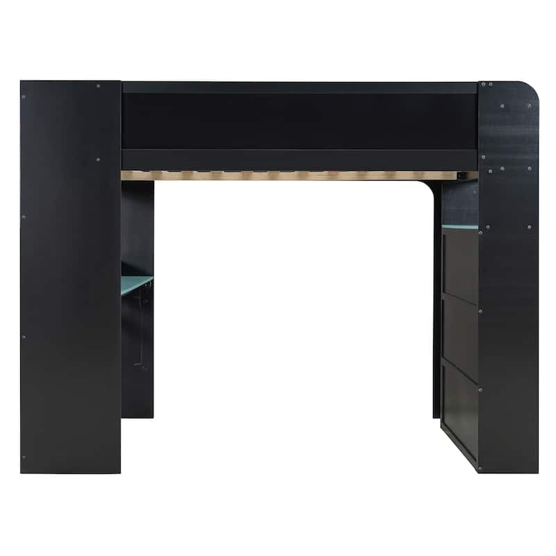 Full Size Esports Loft Bed, Built-In Gaming Station with Adjustable Desk, Wardrobe, Book Shelves, USB Port & RGB Strip Lighting