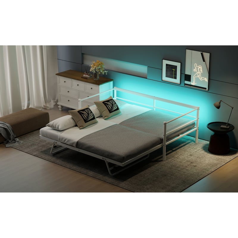 Twin Size Metal Daybed with LED Lights, Pop-Up Trundle, and 350lb Weight Capacity