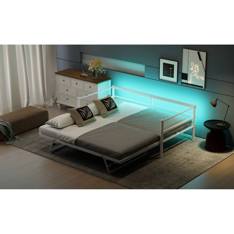 Twin Size Metal Daybed with Light Strip and Adjustable Pop Up Trundle Bed, White Sofa Bed Frame with Solid Metal Slats Support