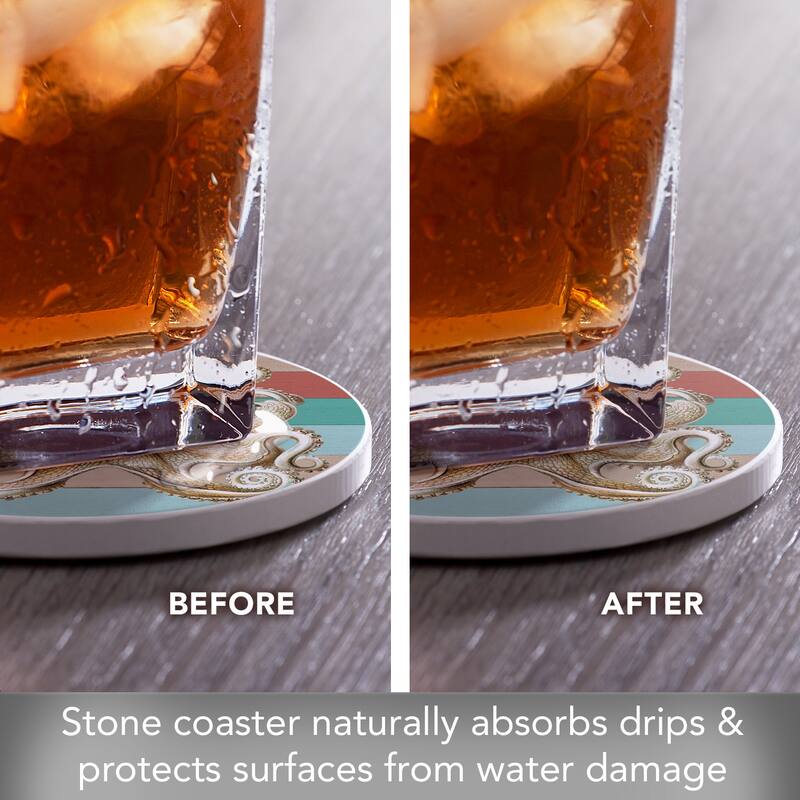 Octopus 4 Pack Absorbent Stone Coaster with Protective Cork Backing Made in The USA 4" Round, Easily Wipes Clean