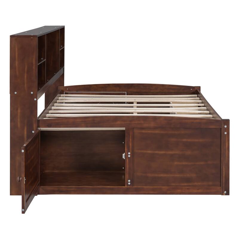 Full Size Wooden Captain Bed with Built-in Shelves, 4 Drawers, and 2 Cabinets