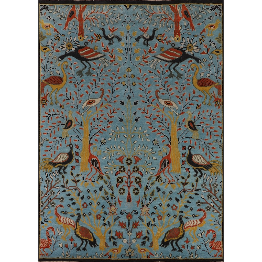 Animals Design Blue Ziegler Oriental Area Rug Hand-Knotted Wool Carpet - 7'10" X 10'0"