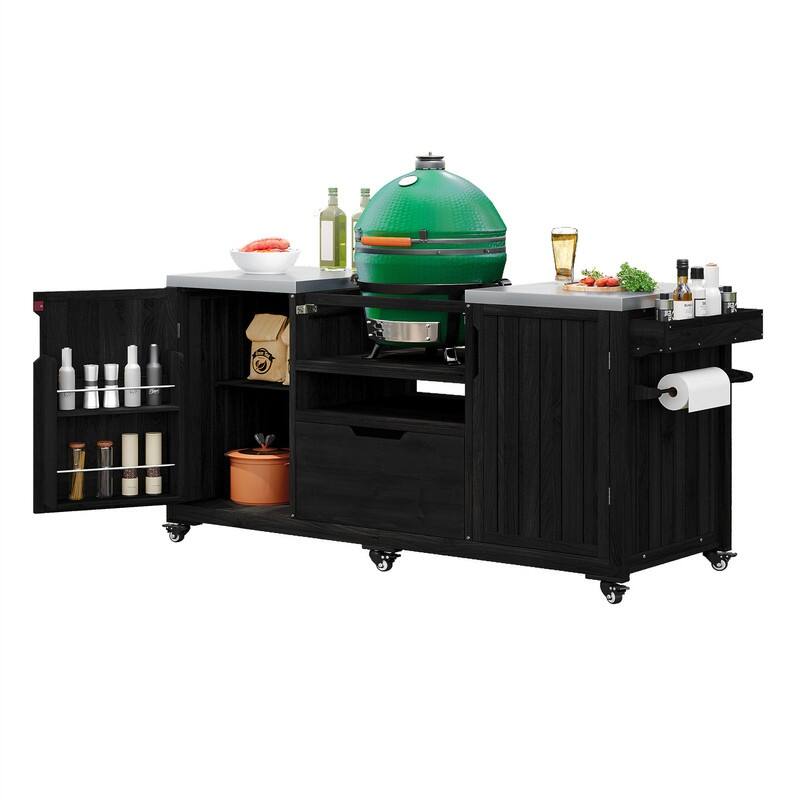 Outdoor Kitchen Island for Big Green Egg Grills, Solid Wood Outdoor Grill Cart w/Stainless Steel Top &Drawer, Patio Kitchen Cart
