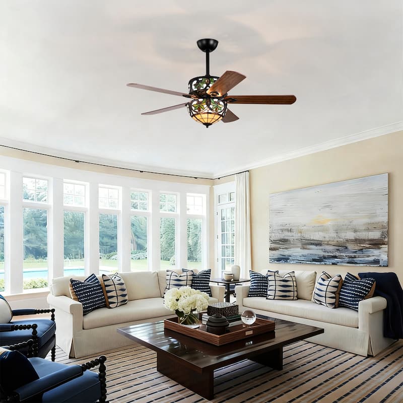 Temid 5-Blade Lighted Ceiling Fan 2-Tier Tiffany Style Glass
