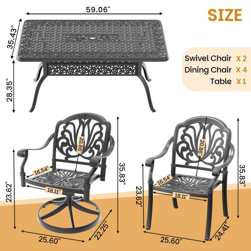7-Piece Outdoor Dining Set with 1 Table and 6 Chairs, All-Weather Aluminum Outdoor Patio Sets