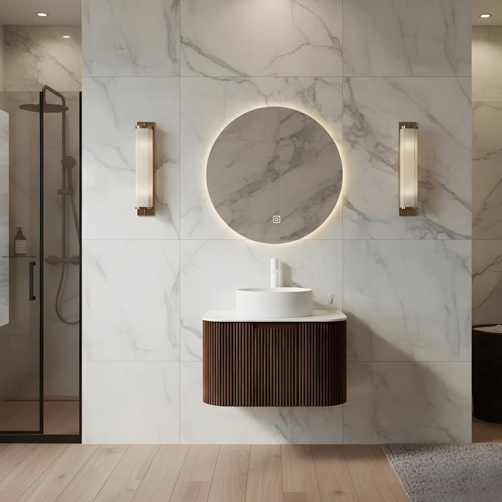 Wall Mounted Bathroom with White Round Ceramic Basin and Drawer