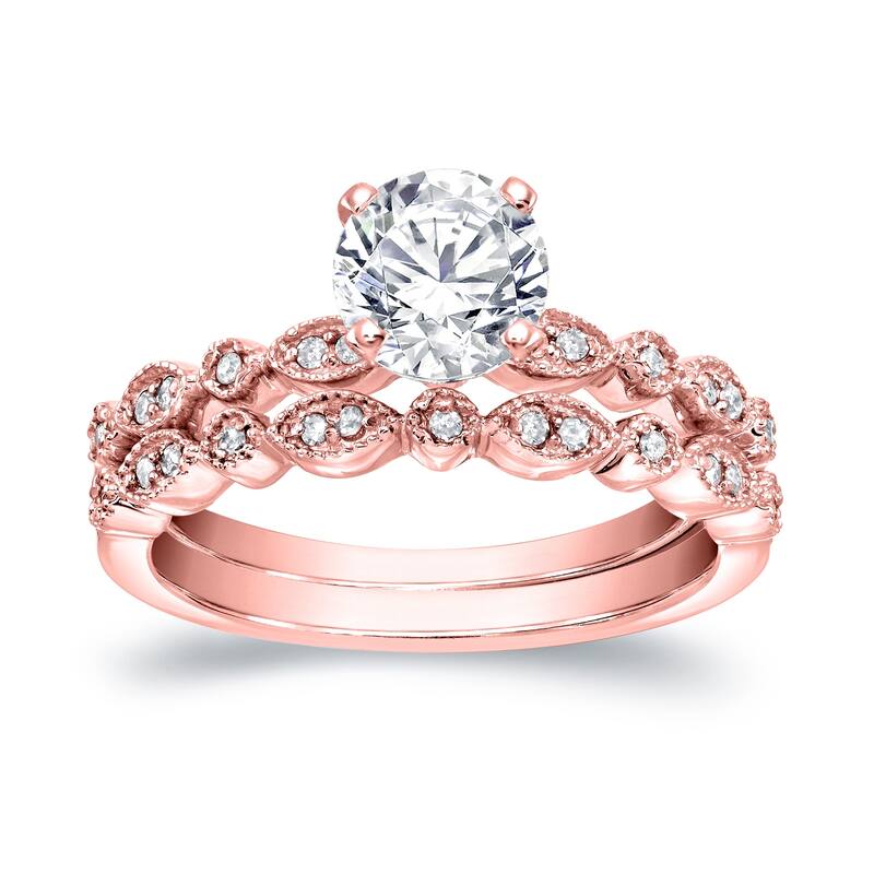 Auriya 1 carat TW Vintage Moissanite and Diamond Engagement Ring Set 14k Gold - Rose - 4