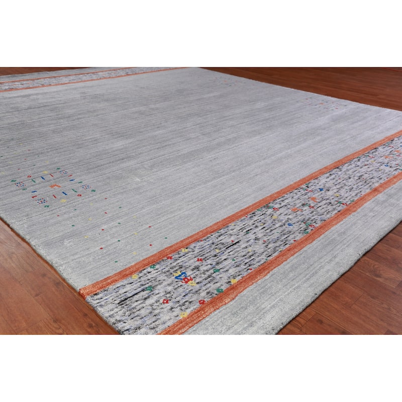 Hand Knotted Oriental Viscose Silk Carpet Tribal Stripe Greys & Charcoal Gabbeh Area Rug - 10' 0'' X 8' 4''