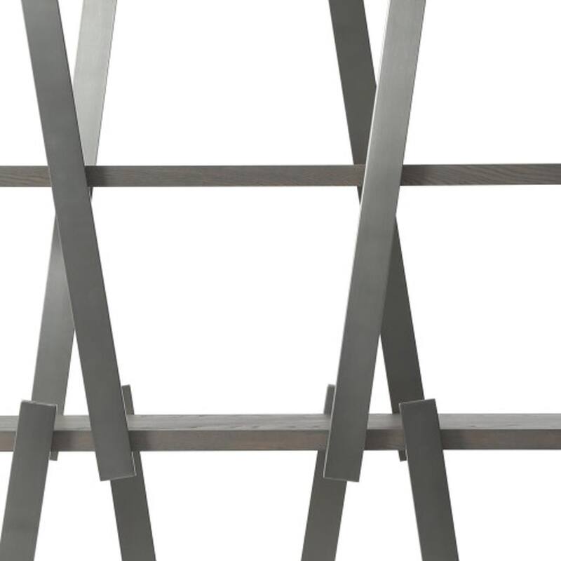 HomeRoots 71" Gray And Silver Stainless Steel and Wood Four Tier Geometric Bookcase