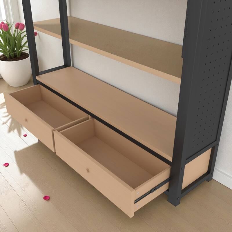 Full/Queen Size Metal Loft Bed with Wardrobe, Shelves & Pegboard, Space-Saving Bed Frame with Storage & Guardrails