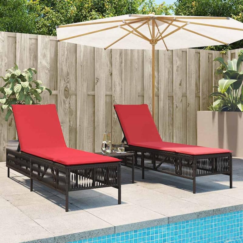 vidaXL Sun Loungers with Table Chaise Lounge 2 Pcs Poly Rattan Brown/Gray/Black - Brown