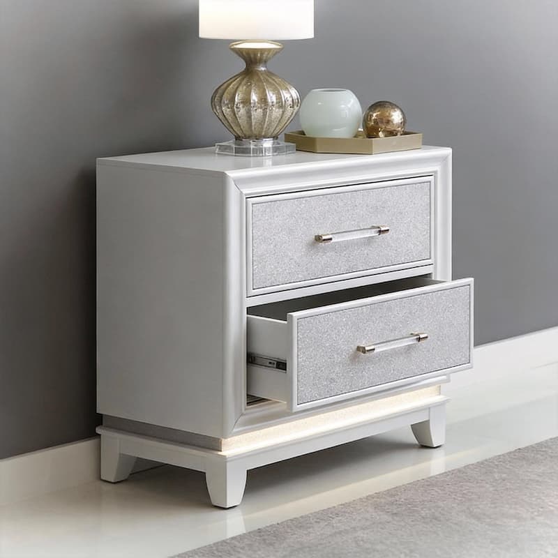 Roundhill Furniture Galaxy 2-Drawer Bedroom Nightstand with LED Lights in Pearlized White