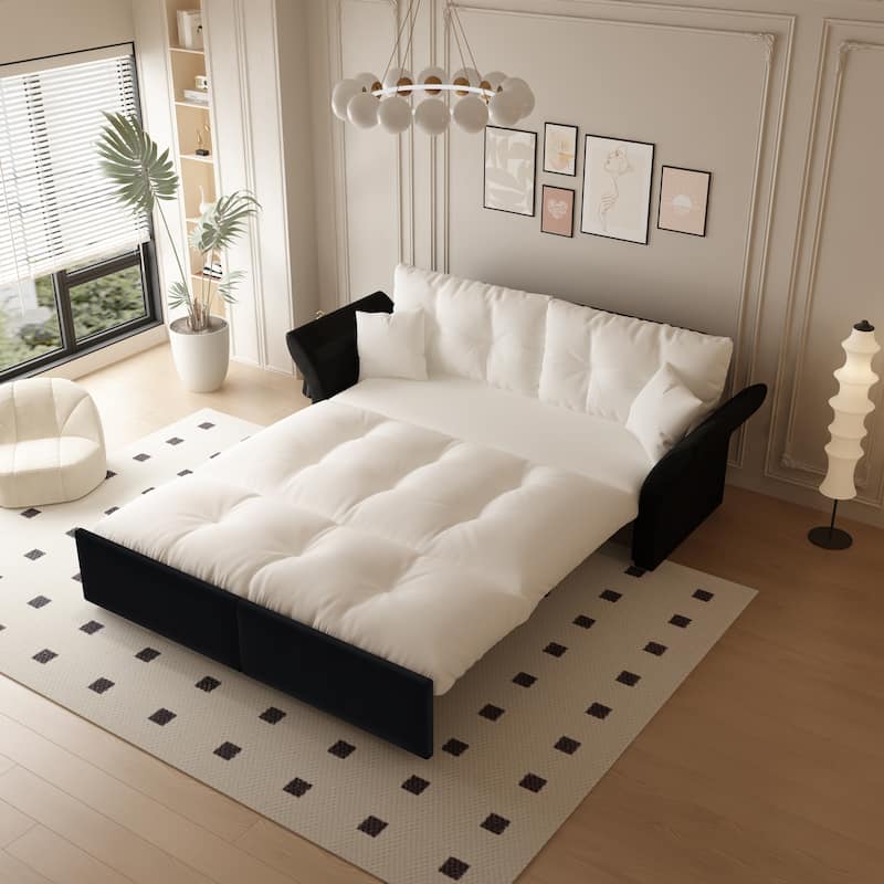 74.8" Queen Sleeper Sofa - 3-in-1 Tufted Velvet Loveseat with Pull-Out Bed & 2 Pillows, Multi-Functional - Beige