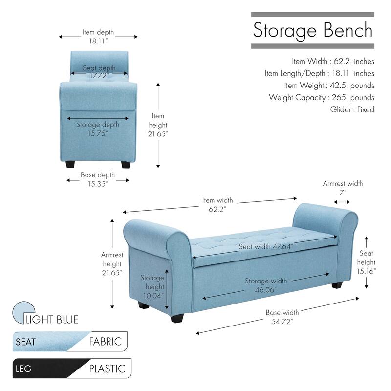 Porthos Home Wena Storage Bench, Rolled Armrests, Fabric Upholstery