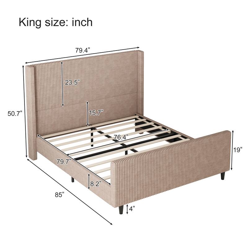 50.7" tall Corduroy upholstered bed frame with vertical textured wingback headboard