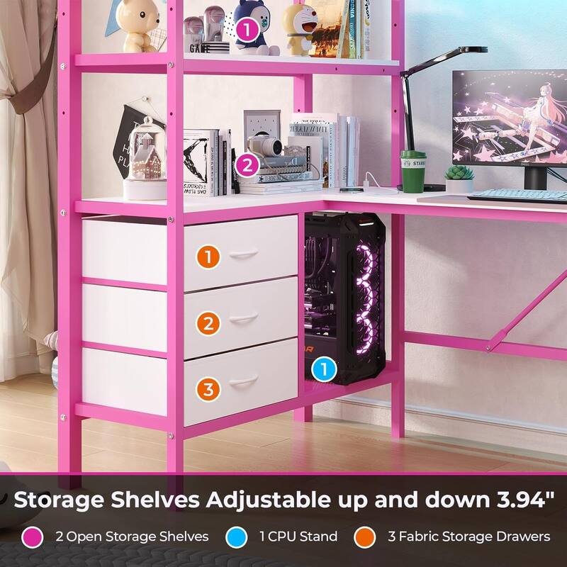 Loft Bed with L-Shaped Desk Charging Station Metal LED Lights 3 Fabric Drawers