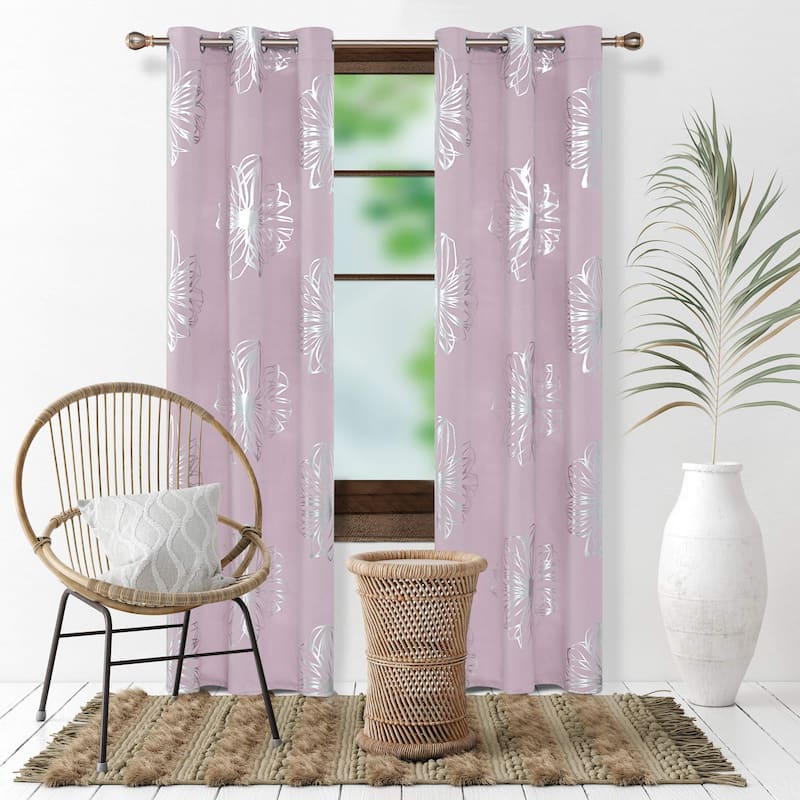Flower Foil Printed Room Darkening Drapes for Girl's Bedroom 2 Panels - 42W x 72L - Lavender