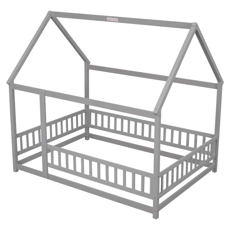 Full Size Wooden Floor Bed with House Roof Frame and Guardrails