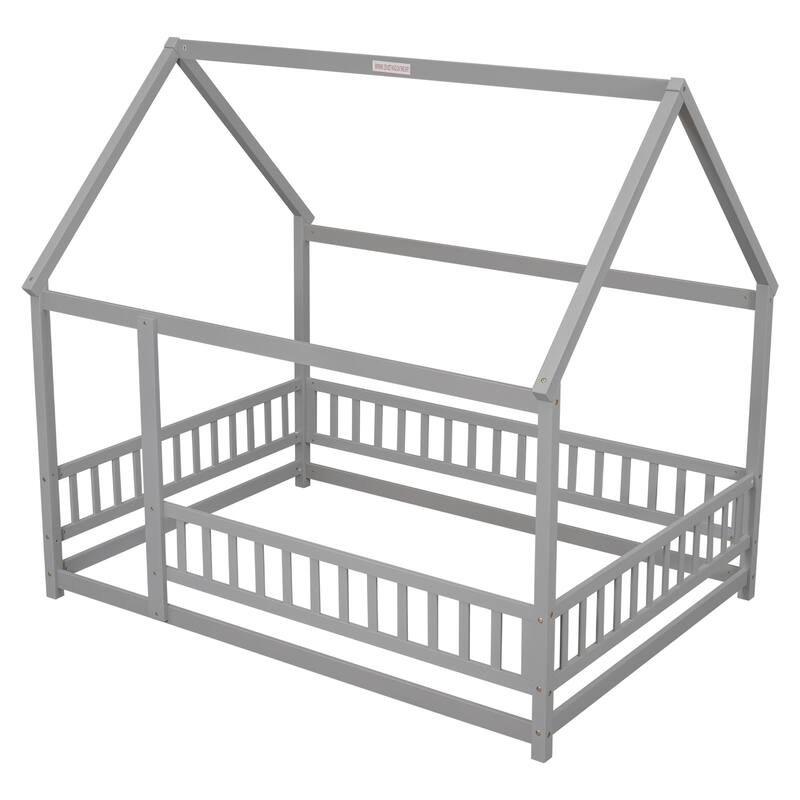 Wooden Floor Bed with House Roof & Guardrails