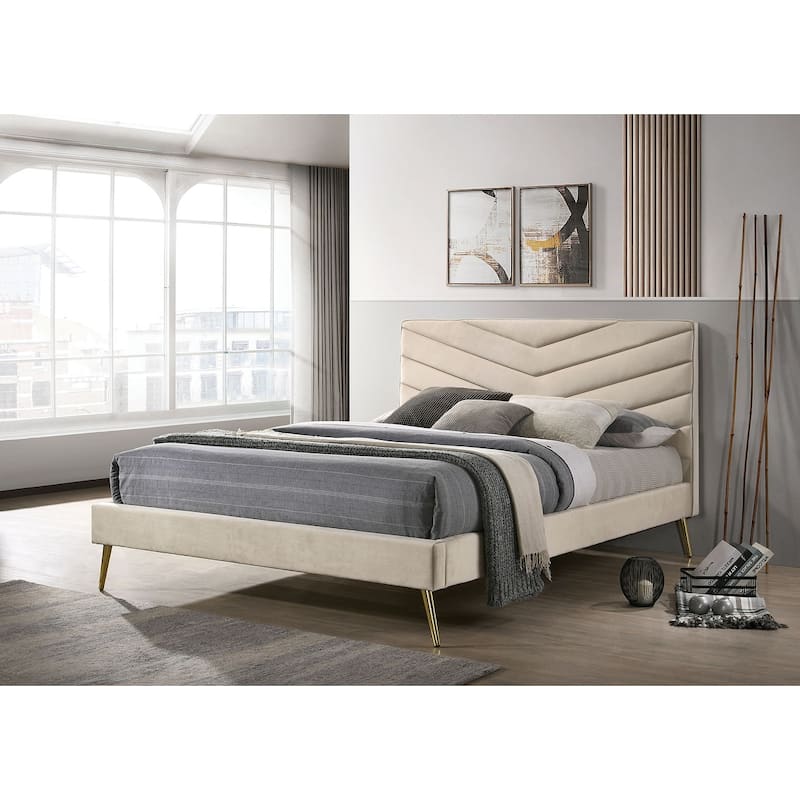 King Size Flannelette Mid-Century Modern Platform Bed with Chevron Tufted Headboard, Padded Upholstery and Gold Angled Legs