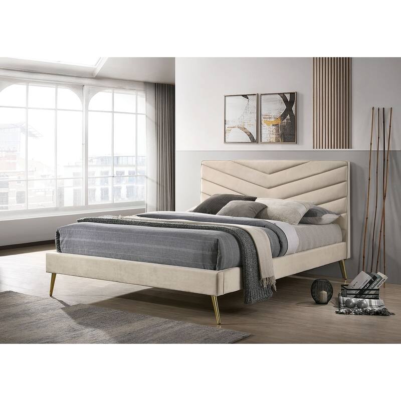 Mid-century Modern Beige Flannelette Chevron Tufted Design 1pc Full Size Bed Padded Headboard Bedroom Furniture - Beige