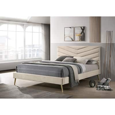 Twin Size Flannelette Mid-Century Modern Platform Bed with Chevron Tufted Headboard, Padded Upholstery and Gold Angled Legs