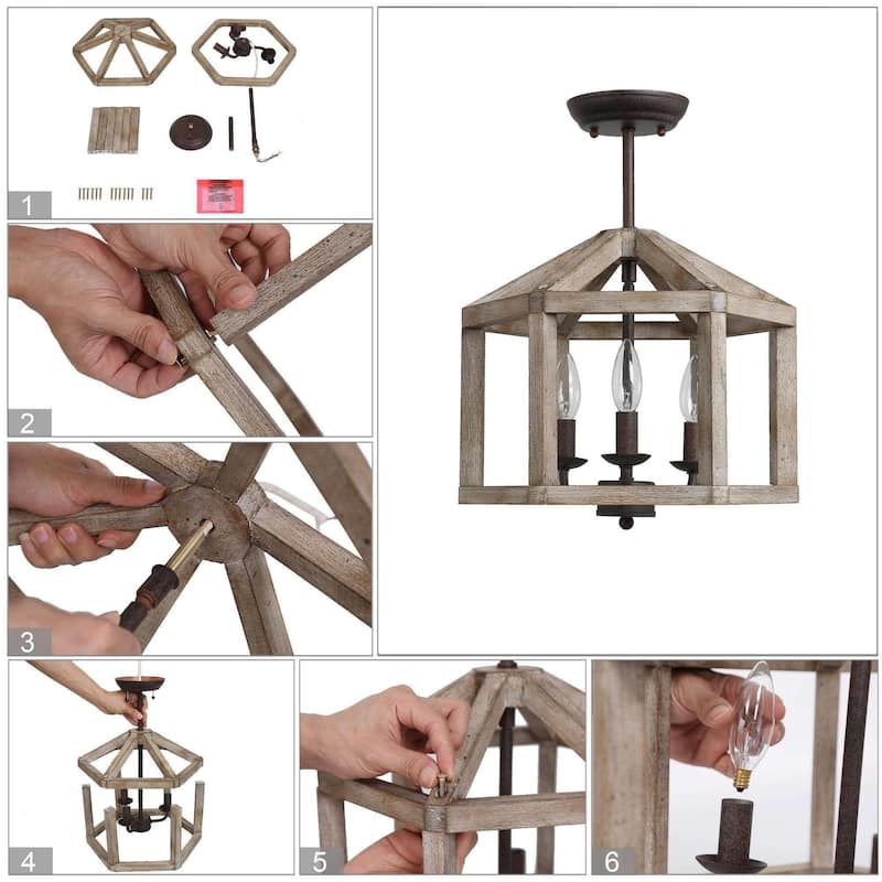 Woodly Farmhouse 3-Light Wood Lantern Semi Flush Mount Ceiling Light