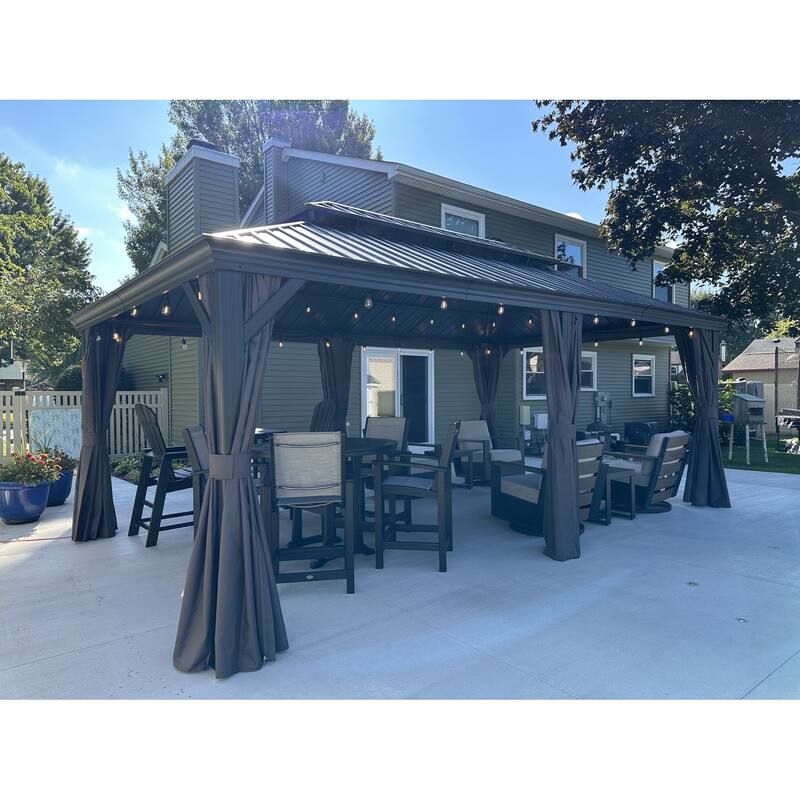 PURPLE LEAF Outdoor Galvanized Steel Hardtop Gazebo, Aluminum Frame Gazebo With Curtains and Light