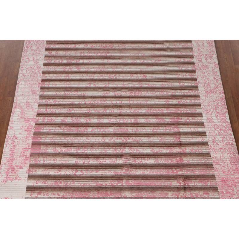 Striped Pink Abstract Area Rug Hand-Knotted Modern Wool Carpet - 6'6"x 9'0"
