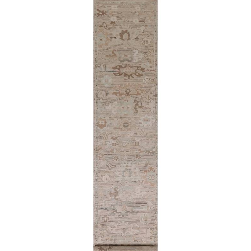 Hand Knotted Oriental 100% Wool Carpet Transitional All-Over Beige & Ivories Oushak Runner Rug - 13' 4'' X 2' 5''