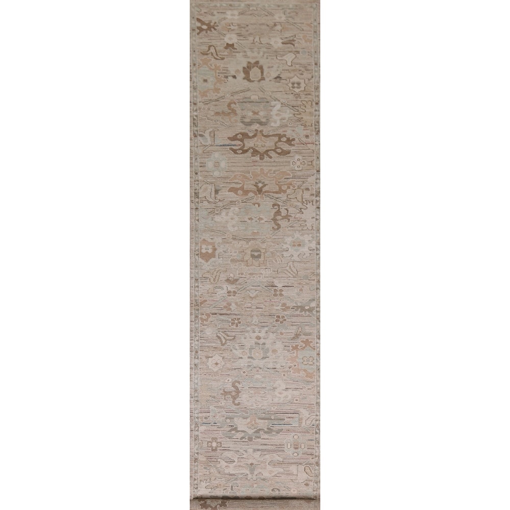 Hand Knotted Oriental 100% Wool Carpet Transitional All-Over Beige & Ivories Oushak Runner Rug - 13' 4'' X 2' 5''