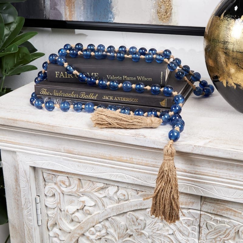 Glass Handmade Round Long Beaded Garland with Tassel with Knotted Brown Jute - Shiny Blue