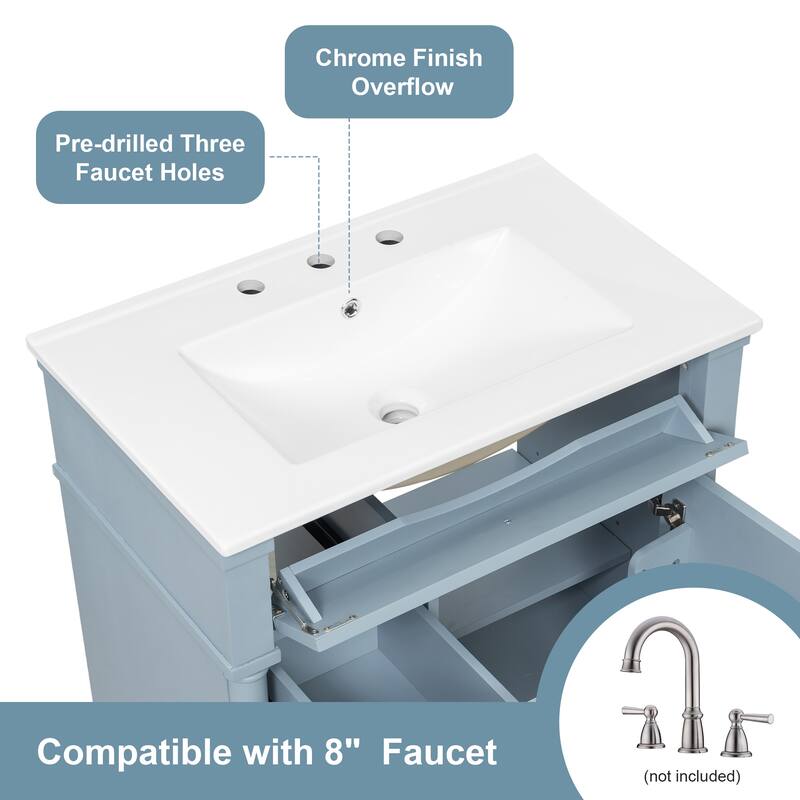 Roomfitters 30" Bathroom Vanity with Sink, Solid Wood Frame, Flip Drawer, 2 Drawers & Door Rack