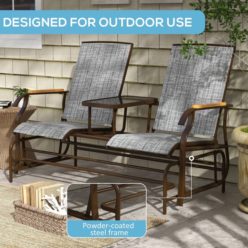 2 Person Outdoor Glider Bench, Patio Swing Glider Chair Loveseat with Breathable Mesh, Table, Steel Frame for Garden, Porch