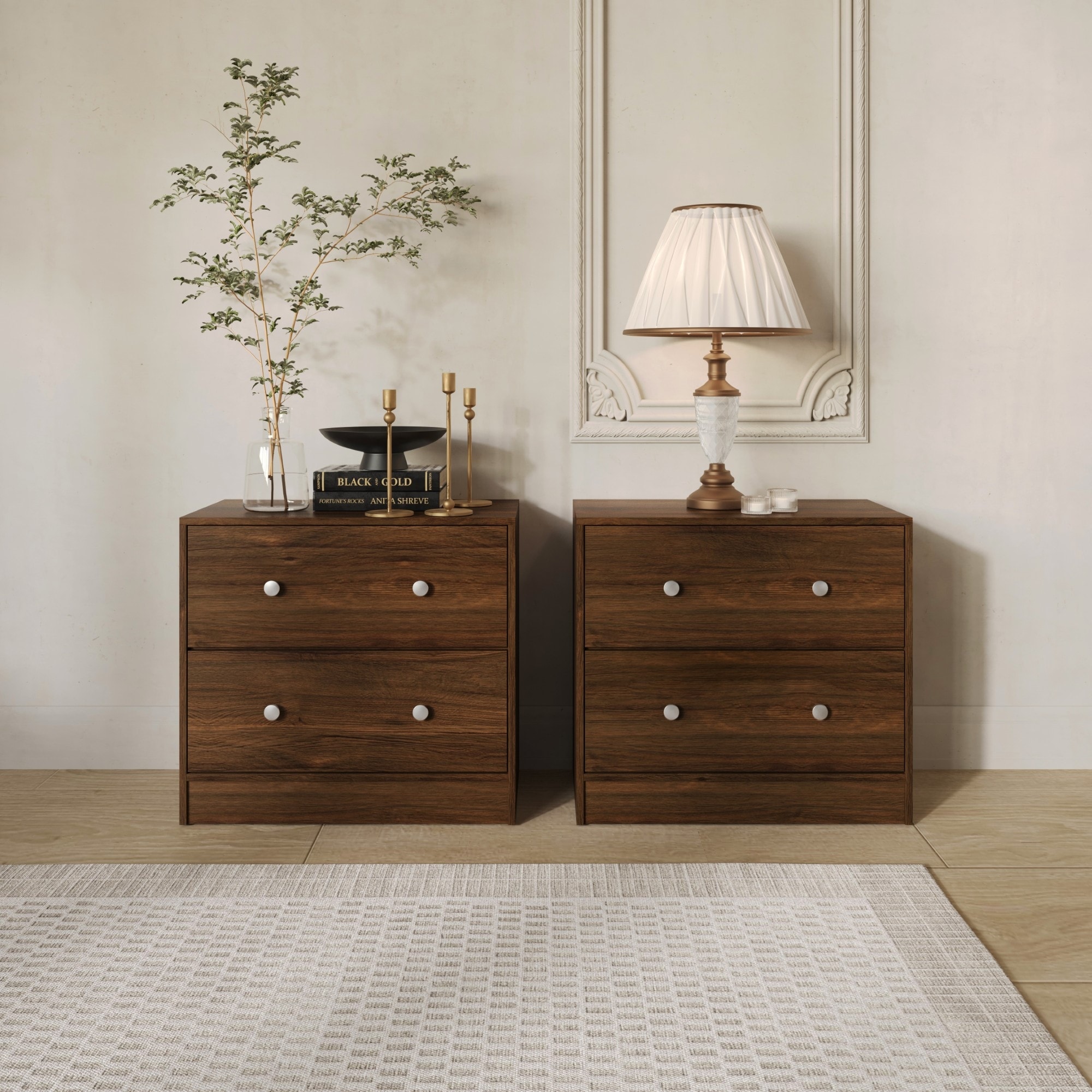 Clayfell Trenton 2-Drawer Nightstand, Set of 2, Modern Side Tables for Bedroom, Brown/Black