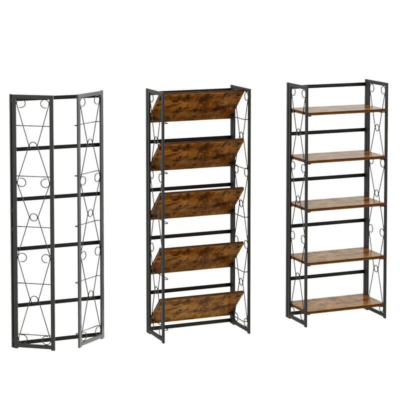 VECELO 62" Foldable 5-Tier Bookshelf Space Saving Tall Open Bookcase with MDF Shelves for Living Room Home Office Kitchen