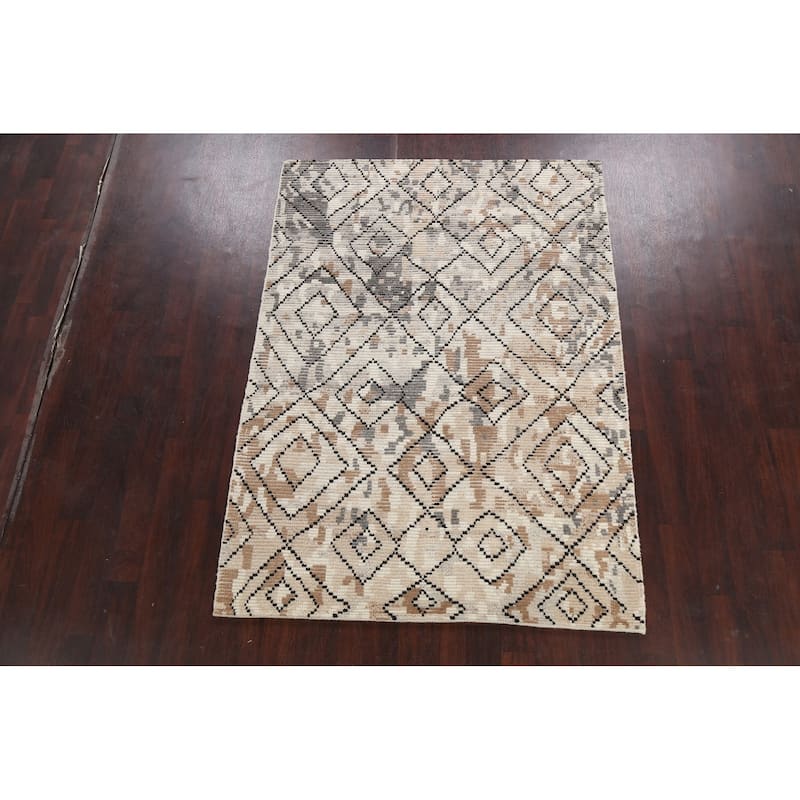 Geometric Moroccan Oriental Wool Area Rug Hand-knotted Modern Carpet - 5'4" x 7'5"