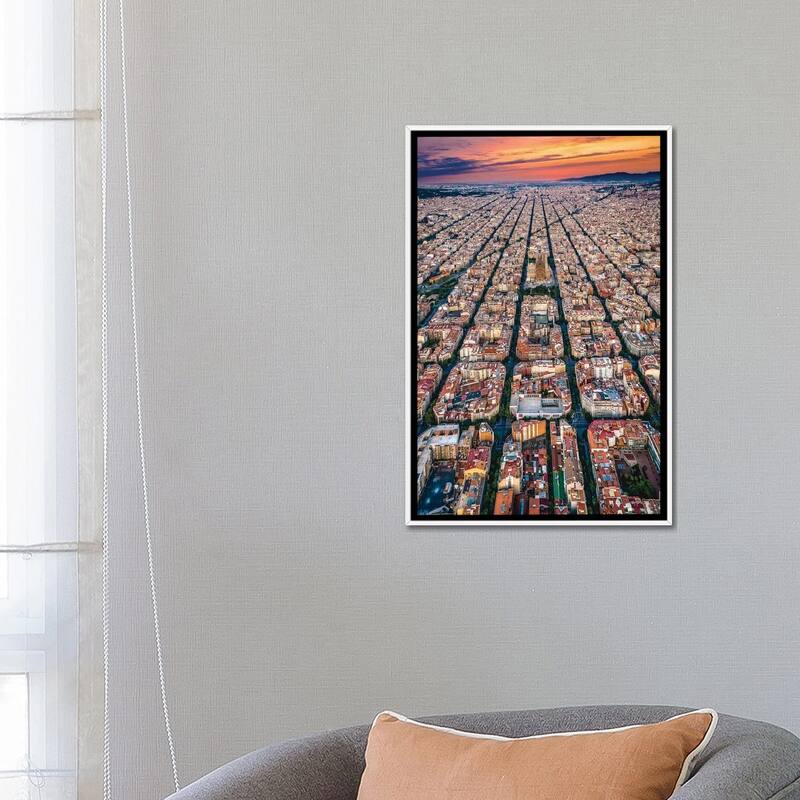 iCanvas "Spain Barcelona Cityscape Cityscape Grid From Above Sunset" by Alex G Perez Framed Canvas Print