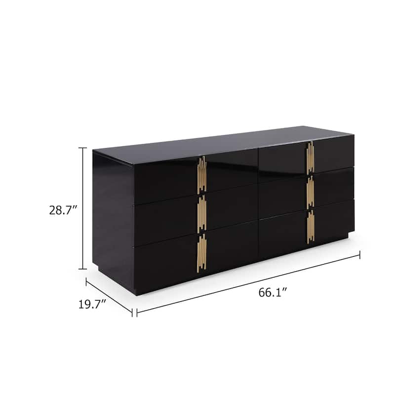 Cid Inji Dresser, 6 Drawers w Vertical Handles, 66 Inch, Glossy Black Wood