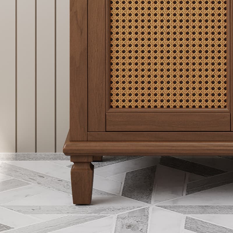 Rattan Bathroom Vanity with Ceramic Sink, Freestanding Bathroom Storage Cabinet, Bathroom Vanities with Double Door & 3 Drawers