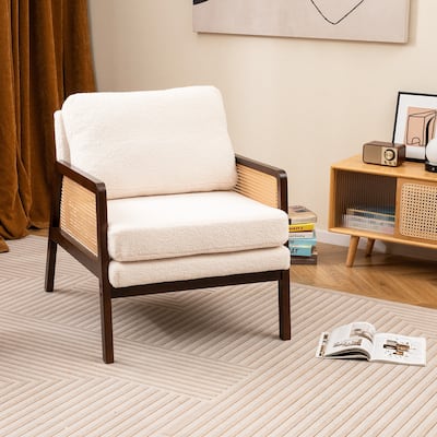 Sherpa Reading Side Chair Modern Accent Arm Chair w/Rattan Arms