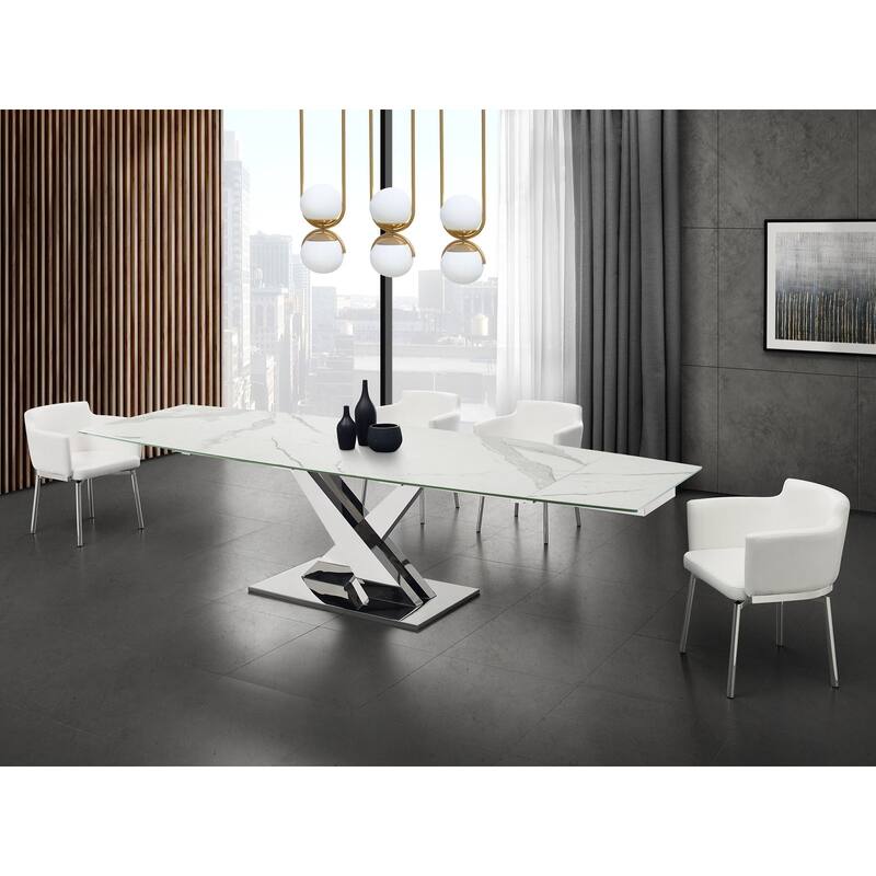 X Base Manual Dining Table with Stainless Base and Clear Top - White Marbled